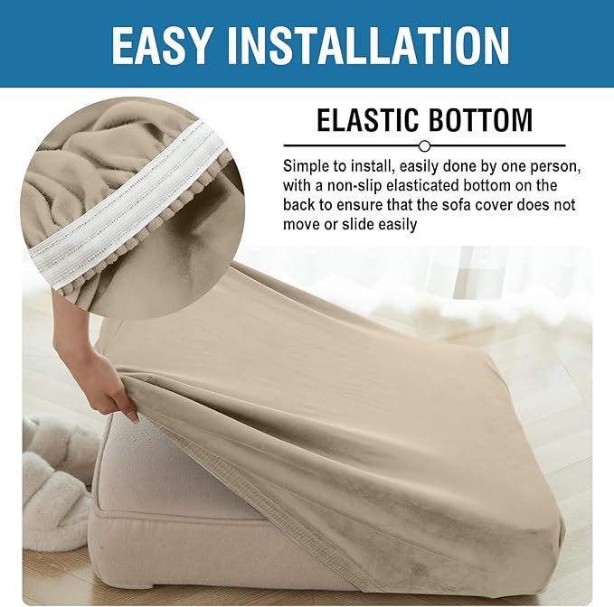 Couch Cover Stretch Velvet Sofa Cushion Cover 3-Piece - Elastic Washable Slipcover for Seat or Backrest, Couch Seat Covers for Sofas (Leather Brown)