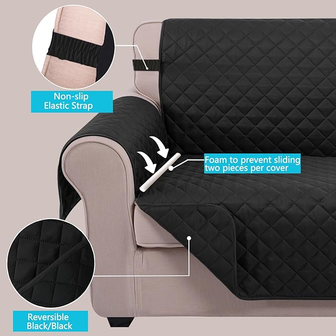 U-NICE HOME Reversible Oversized Chair Covers Quilted Water Repellent Pet Protectors with Elastic Straps(28''Armchair, Black/Black)