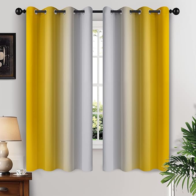 Yakamok Yellow Ombre Curtains 63 Inches Long, Light Blocking Gradient Color Curtain Panels, Room Darkening Grommet Window Drapes for Bedroom(52x63 Inch, 2 Panels)