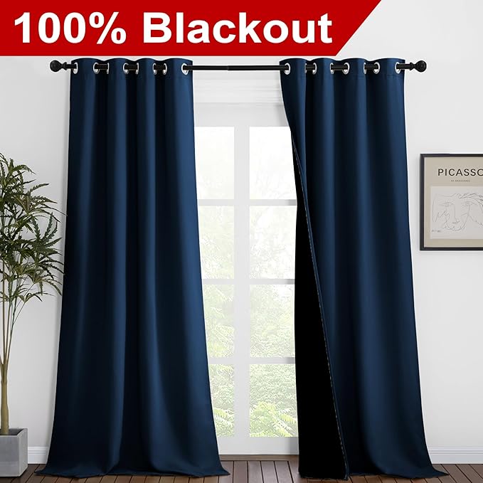 NICETOWN 100% Blackout Blinds, Set of 2, 46 inches x 96 inches, Laundry Room Decor Window Treatment Curtains for Large Patio Sliding Door, Thermal Insulated Moroccan Blue Curtains for Bedroom