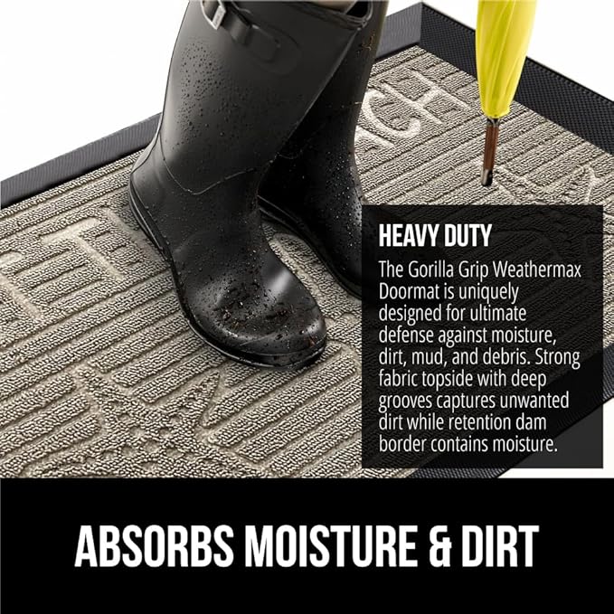 GORILLA GRIP 100% Waterproof All-Season WeatherMAX Doormat US Designed Natural Rubber, Stain and Fade Resistant, Low Profile Indoor Outdoor Door Mats, Easy Clean Patio Mat, 29x17, Sand Beach
