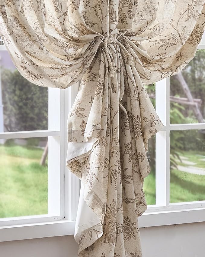 jinchan Lined Linen Floral Curtains for Living Room, 96 Inch Length Printed Flower Farmhouse Patterned French Country Back Tab Taupe Window Drapes Set Privacy Bedroom Curtains, 2 Panels