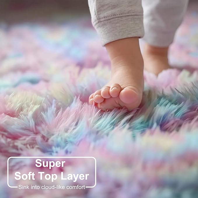 Amdrebio Rainbow Fluffy Round Rug 5Ft Kids Rugs for Girls Bedroom, Unicorn Room Decor, Colorful Pastel Shag Carpet for Playroom Baby Nursery, Cute Furry Kawaii Circle Area Rug for Toddler Princess