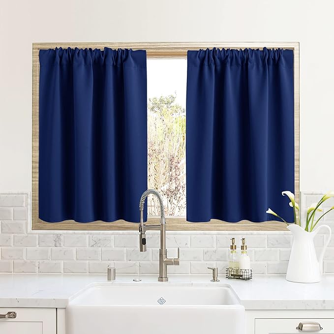 RYB HOME RV Curtains for Camper Windows, Mini Small Thermal Insulated Sunlight Heat Blocking Blackout Privacy Portable Curtains for Travel Trailer, Width 34 by Length 24, Marine Blue, 2 Panels