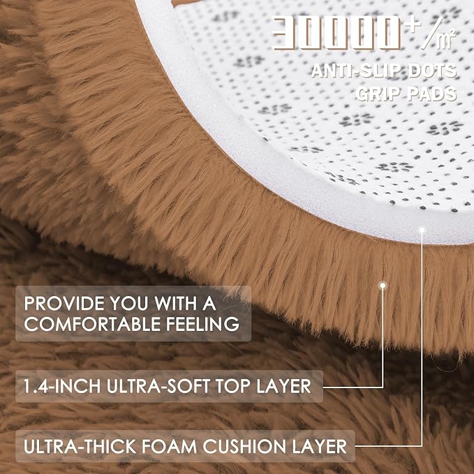 OLANLY Khaki Round Rugs for Bedroom - Machine Washable, 5 ft Circle Area Rugs for Living Room, Soft and Fluffy Shaggy Carpet for Teen Girl and Boys, Nursery Rooms, Dorms, Home Decor Aesthetic