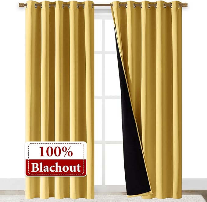 NICETOWN Total Shade Curtains and Draperies, Heavy-Duty Full Light Shading Drapes with Black Liner Backing for Villa/Hall/Dorm Window(Bright Yellow, Package of 2, 70 inches Wide x 95 inches Long)
