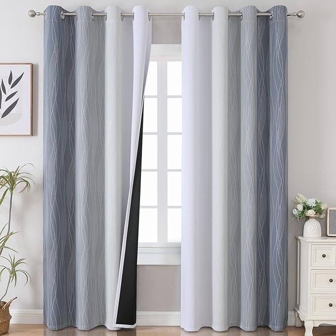 Estelar Textiler Grey and Grayish White Blackout Curtains 108 Inches Long, Thermal Insulated Drapes for Bedroom, Full Light Blocking Energy Saving Long Curtains for Living Room, 52Wx108L, 2 Panels