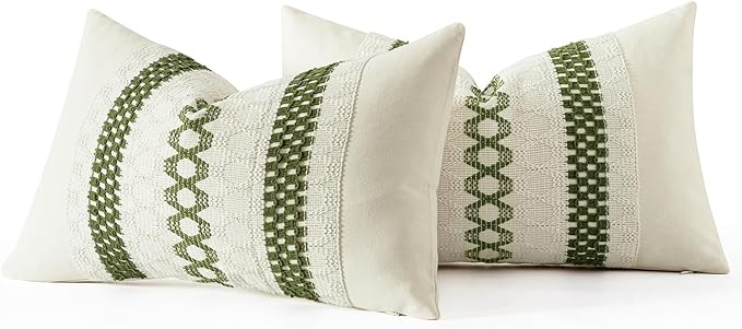 MIULEE Set of 2 Moss Green Boho Decorative Lumbar Pillow Covers 12x20 Inch Farmhouse Rustic Couch Throw Pillows Modern Summer Cushion Covers Retro Cute Macrame Woven Spring Decor for Bed Sofa Chair