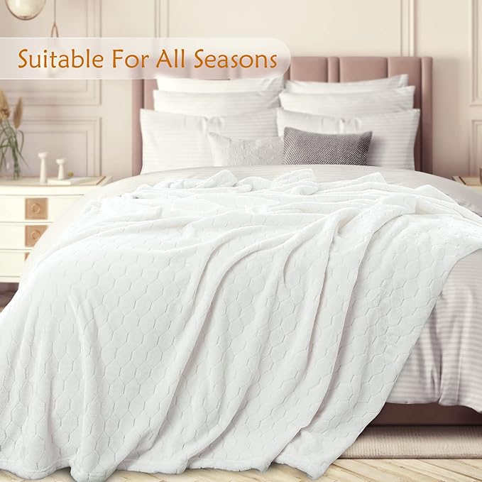 TOONOW Fleece Bed Blanket Queen Size 90x90 inches , Super Soft Fluffy Fuzzy Plush Blanket Geometric Pattern Cozy Microfiber Flannel Blankets for Couch, Bed, Sofa, Cream White