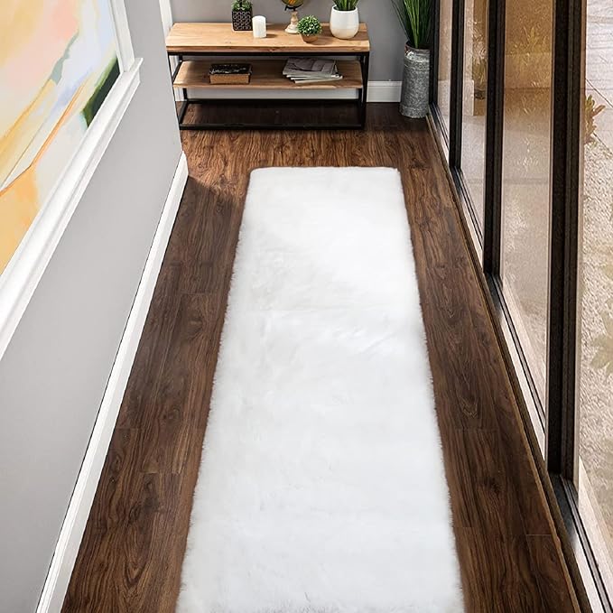 ORINOVA Fuzzy White Machine Washable Runner Faux Rabbit Furry Fur Rugs for Bedroom Plush Runner Rugs for Hallway 2x10 Rectangle Rug Home Décor