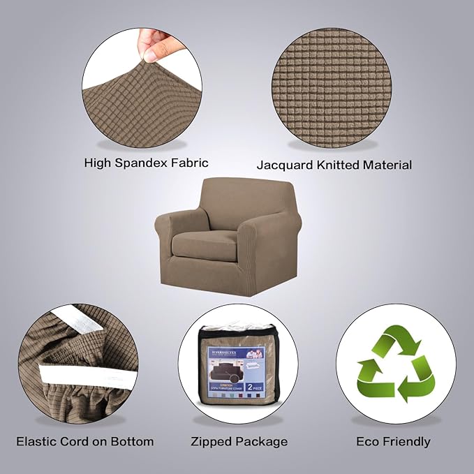 H.VERSAILTEX 2 Piece Couch Cover Stretch Stylish Chair Cover Furniture Protector Featuring Jacquard Textured Twill Fabric High Spandex Slipcover (Chair, Macchiato)