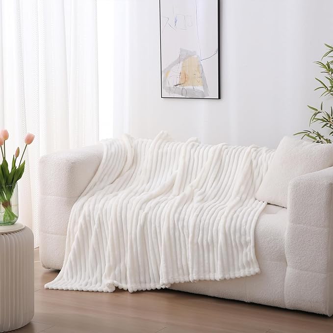 Cream White Fleece Throw Blanket 90”×90” for Couch Sofa Bed,Super Soft Cozy Plush Microfiber Flannel Blanket with Stripes Design Lightweight for Adults,Woman,Girls