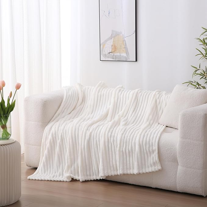 Cream White Fleece Throw Blanket 60”×80” for Couch Sofa Bed,Super Soft Cozy Plush Microfiber Flannel Blanket with Stripes Design Lightweight for Adults,Woman,Girls