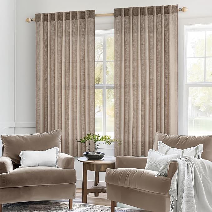 MIULEE Taupe Linen Curtains 63 Inch Length 2 Panels for Bedroom Living Room, Soft Thick Linen Textured Kitchen Window Drapes Semi Sheer Light Filtering Back Tab Rod Pocket Burlap Look Decor