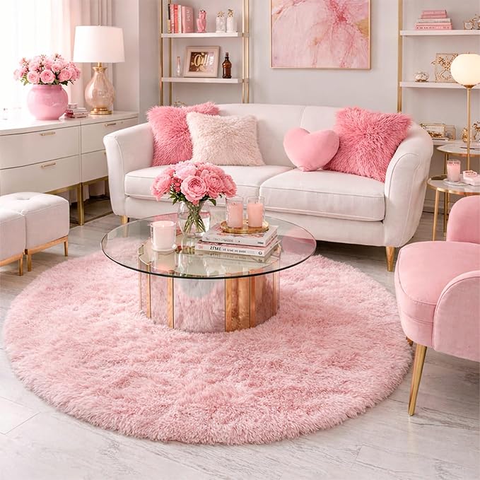 Amdrebio Pink Round Area Rugs 7Ft for Girls Bedroom Decor, Fluffy Large Circle Rug for Living Room, Kids Room, Teen, Fuzzy Plush Carpets for Baby Nursery, Dorm, Classroom, Big Indoor Kawaii Play Rug