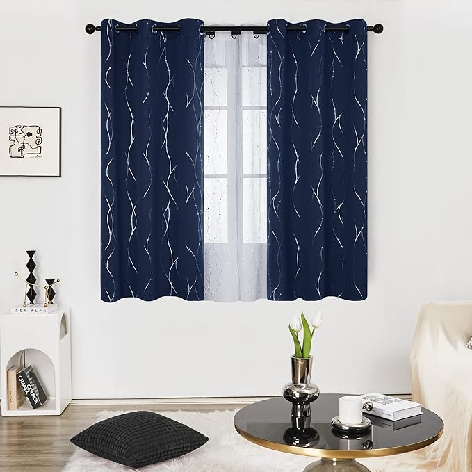 Deconovo Short Kitchen Curtains, Navy Blue Blakcout Curtain 38 x 36 Inch, Thermal Insulated Soundproof Drapes with Silver Wave Dots Prit, Grommet Top, Machine Washable for Nursery Bedroom Living Room