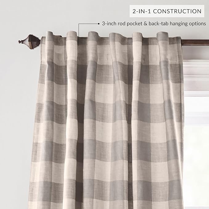 Elrene Home Fashions Farmhouse Living Grainger Buffalo-Check Room Darkening Window Curtain, Living Room and Bedroom Drape with Rod Pocket Tabs, 52" x 108", Gray, 1 Panel