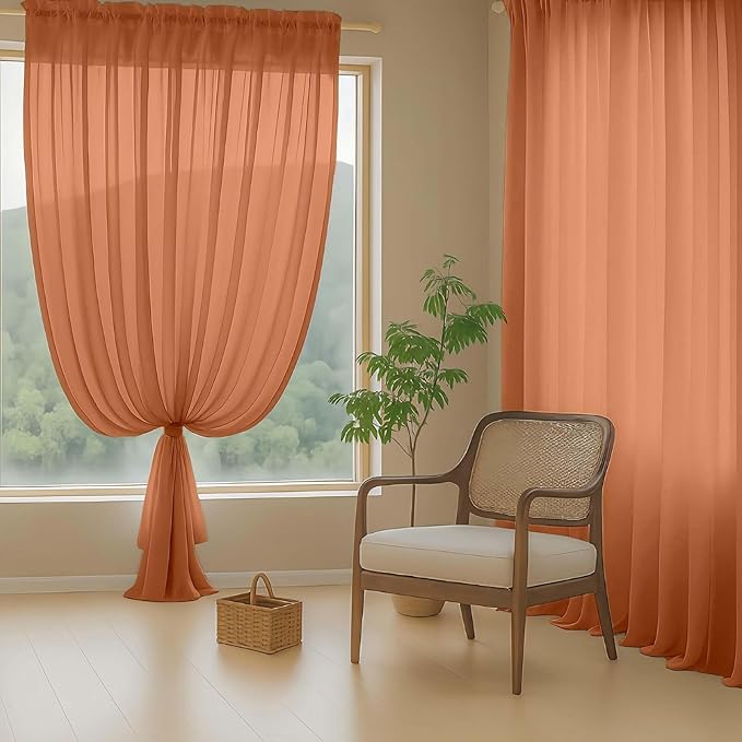 Orange Sheer Curtains 90 Inches Long 2 Panels, Light Filtering Solid Sheer Curtains for Bedroom Living Room, Lightweight Soft Airy Window Voile Sheer Drapes, Dual Rod Pocket, 2x42Wx90L Inches