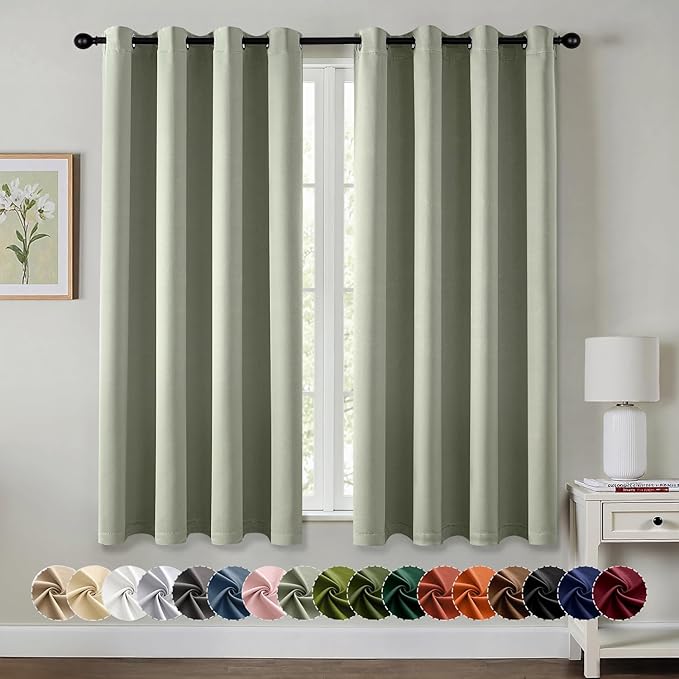 MIULEE Sage Green Blackout Curtains for Bedroom Living Room 63 Inches Long 2 Panels, Thermal Insulated Room Darkening Drapes Solid Grommet Noise Reduction Light Blocking Window Treatments 50x63 Inch