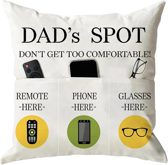 ONFAON Father's Day Throw Pillow Case, Dad's Spot Throw Pillow Covers 18 x 18 Inch，Dad Gifts from Daughter Son，Birthday Christmas Thanksgiving Day Gifts for Papa Stepdad ，3-Pocket