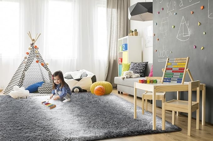 TWINNIS Super Soft Shaggy Rugs Fluffy Carpets, 8x10 Feet, Indoor Modern Plush Area Rugs for Living Room Bedroom Kids Room Nursery Home Decor, Upgrade Anti-Skid Rectangular Fuzzy Rug, Grey White