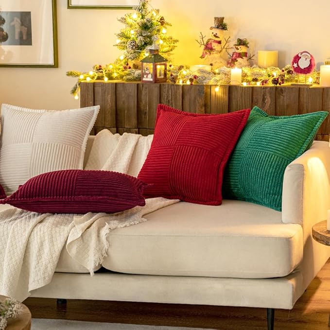 MIULEE Decorative Euro Sham Throw Pillow Covers for Couch Bed Livingroom 24x24 Inch Set of 2 White Boho Accent Throw Pllows Broadside Striped Patchwork Soft Corduroy Pillowcases
