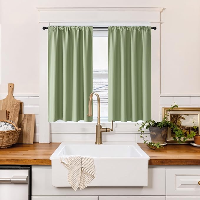 RYB HOME 100% Blackout Short Curtains for Small Window, Thermal Insulated Total Room Darkening Noise Reducing Curtains for Basement Bathroom Basement, 29 inches Wide by 45 inches Long, Sage Green