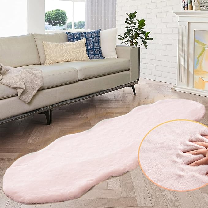ORINOVA Pink Plush Washable Fluffy Fur Rugs for Living Room Shag Faux Rabbit Fuzzy Fur Area Rugs for Bedroom 2x6 Rug Oblong Nursery Rug