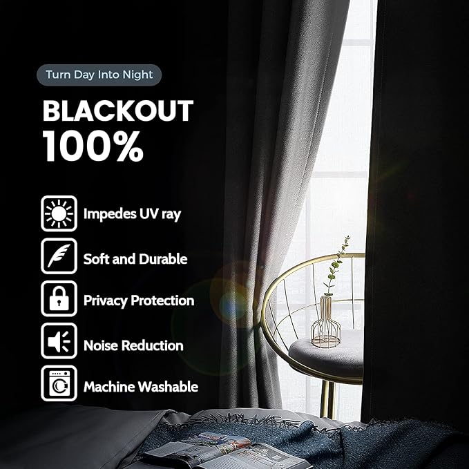 SimpleHome 100% Blackout Curtains for Bedroom,Thermal Insulated Grommet Window Drapes Room Darkening Grey Curtains for Living Room with Black Back,52 x 96 Inch,2 Panels