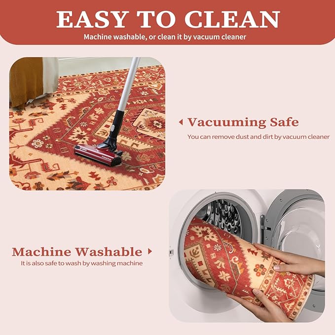 SERISSA 5x7 Boho Area Rug, Washable Non-Slip Rugs for Living Room, Large Red Rug Ultra Soft Vintage Oriental Print Distressed Carpet for Bedroom Dining Room Dorm Office Home Decor