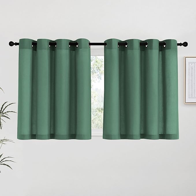 NICETOWN Olive Green Linen Kitchen Curtains 36 inch Length, Decorative Thick Flax Small Window Treatments Privacy Assured with Light Filtering for Bedroom/Bathroom, W55 x L36, 2 Panels