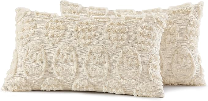 decorUhome Easter Beige Egg Pillow Covers 12x20 Inch Set of 2, Soft Plush Faux Wool Jacquard Cushion Covers, Farmhouse Neutral Fuzzy Spring Easter Holiday Decor for Couch Sofa Bed