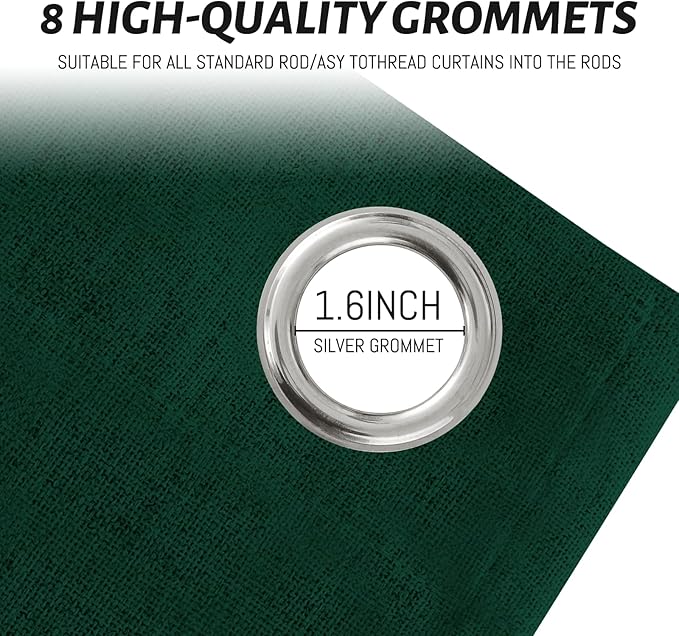 Yakamok Dark Green Linen Curtains 100% Blackout 96 Inches Long,Room Darkening Textured Drapes for Living Room Thermal Grommet Bedroom Curtains 2 Panels with White Liner