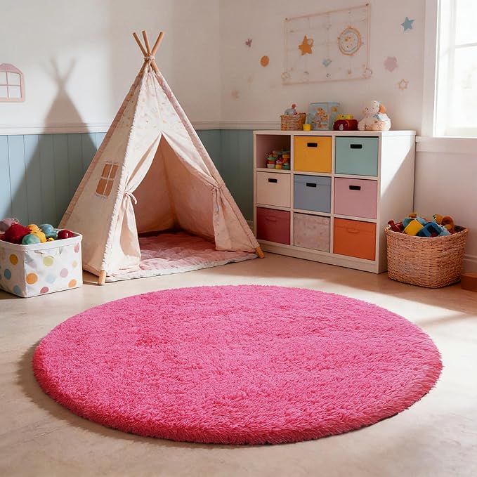 yulidayang Fluffy Round Area Rugs for Bedroom,Hot Pink 4'X4'Shag Circle Area Rugs for Living Room,Non Slip Fuzzy Plush Rug for Kids Room Boys Girls Room and Dorm