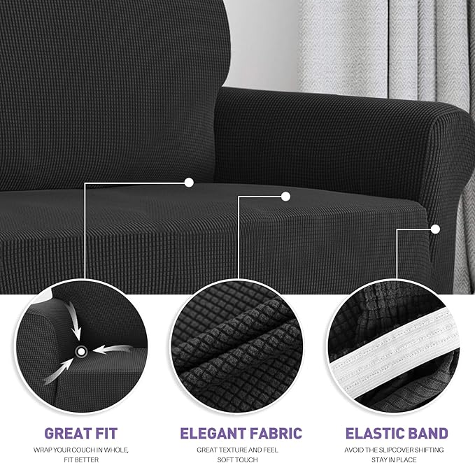 ZNSAYOTX Super Stretch Couch Cover (72"-92") Universal Sofa Covers with Elastic Bottom, Dog Cat Pets Friendly Washable Furniture Protector Fitted Sofa Slipcovers Stay in Place (Black, Sofa)