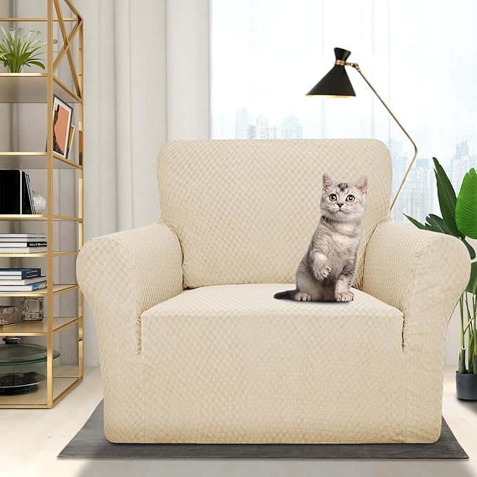 ZNSAYOTX 1 Piece Jacquard Chair Slipcovers for Living Room High Stretch Chair Covers with Arms Anti Slip Pets Friendly Couch Sofa Armchair Cover Furniture Protector (Chair, Light Beige)