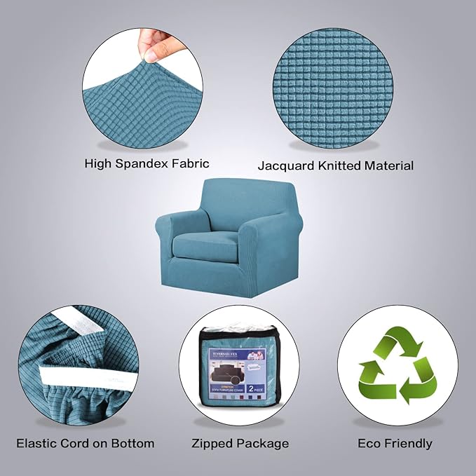 H.VERSAILTEX 2-Pieces Armchair Cover Chair Slipcovers with Arms Furniture Protector Cover Fit Armchair Width Up to 47 Inch, Jacquard Spandex Couch Covers Armchair Slipcover - Storm Blue, Chair