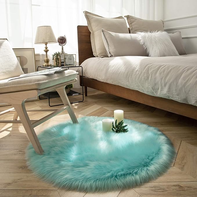 Ashler faux fur rug, Fluffy Shaggy Area Rug Ultra Soft 3 x 3 Feet Round Fur Rug, Turquoise Fuzzy Rug Machine Washable Shag Rug, Nursery Decor Throw Rugs for Bedroom, kids room, Living Room