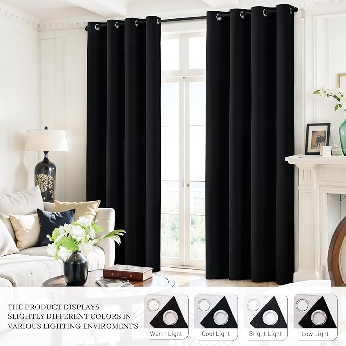 Yakamok 100% Blackout Curtains Black Room Darkening Thermal Insulated Window Curtain with 2 Thick Layers-Set of 2 Panels Grommet Top Drapes for Bedroom Living Room 52 Inches by 96 Inches Length
