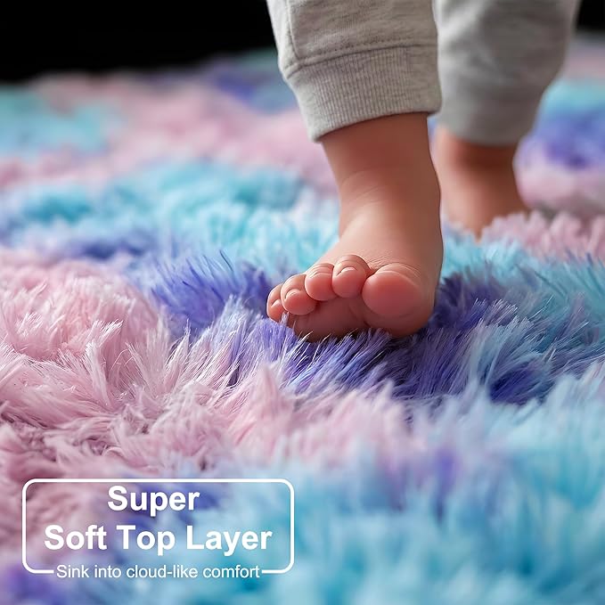 Amdrebio Purple Rainbow Round Rug 5Ft for Bedroom Girls Room Decor, Mermaid Stitch Frozen Kids Rugs for Playroom Nursery Dorm, Fluffy Fuzzy Cute Shag Carpet, Kawaii Circle Area Rugs for Baby Toddler