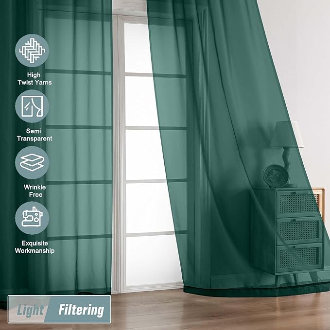 Green Sheer Curtains for Window 96 Inches Long 2 Panels, Soft Airy Voile Sheer Curtains for Living Room Bedroom, Dual Rod Pocket Elegant Window Drapes, Hunter Green, 2x42Wx96L Inches