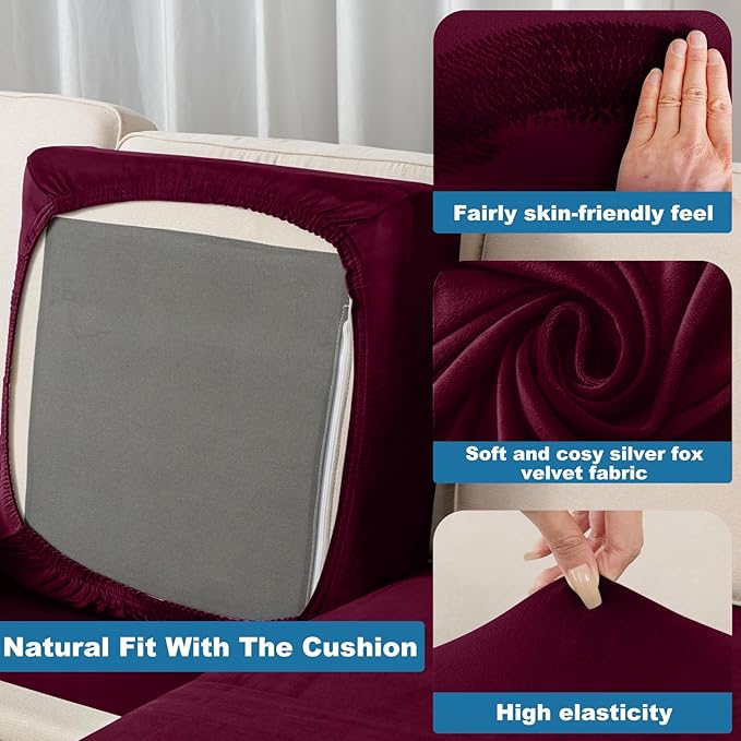 Couch Cover 6-Piece Elastic Velvet Couch Cushion Covers & Chaise Slipcovers for L-Shaped Sofas, Sofa Seat Covers Washable, Soft Cover for Couches (5 Seater + Chaise, Wine)