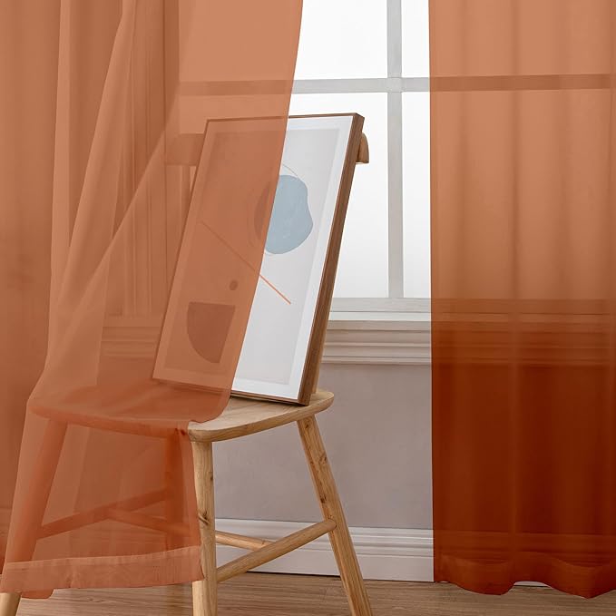 Simplebrand Orange Sheer Curtains 96 Inches Long, Light Filtering Rod Pocket Solid Color Window Sheer Curtain Panels, Elegant Curtains & Drapes for Living Room, Bedroom 2 Panels, 42" W x 96" L