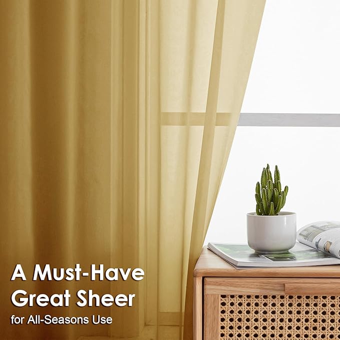 OVZME Gold Sheer Curtains 78 Inches Long 2 Panels - Soft Light Filtering Window Sheer Panels for Living Room/Bedroom, Top Dual Rod Pocket, 1 Pair, Each 42Wx78L Inches