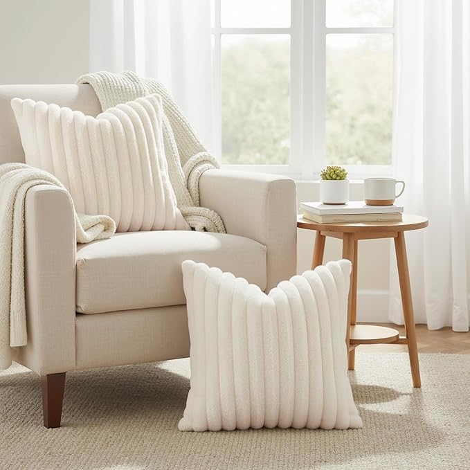 decorUhome Summer Cozy Faux Fur Throw Pillow Covers 26x26 Set of 2 Decorative Plush Striped Modern Farmhouse Boho Couch Euro Sham Pillow Cases with Velvet Back for Sofa Bed Living Room, Cream White