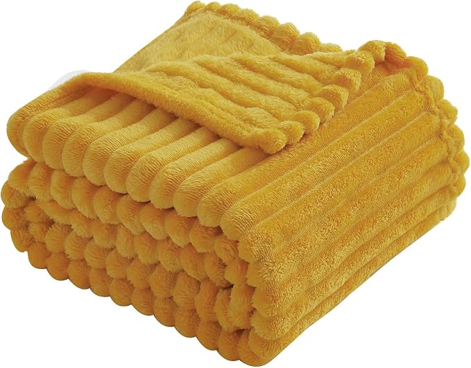 Mustard Yellow Fleece Throw Blanket 60”×80” for Couch Sofa Bed,Super Soft Cozy Plush Microfiber Flannel Blanket with Stripes Design Lightweight for Adults,Woman,Girls
