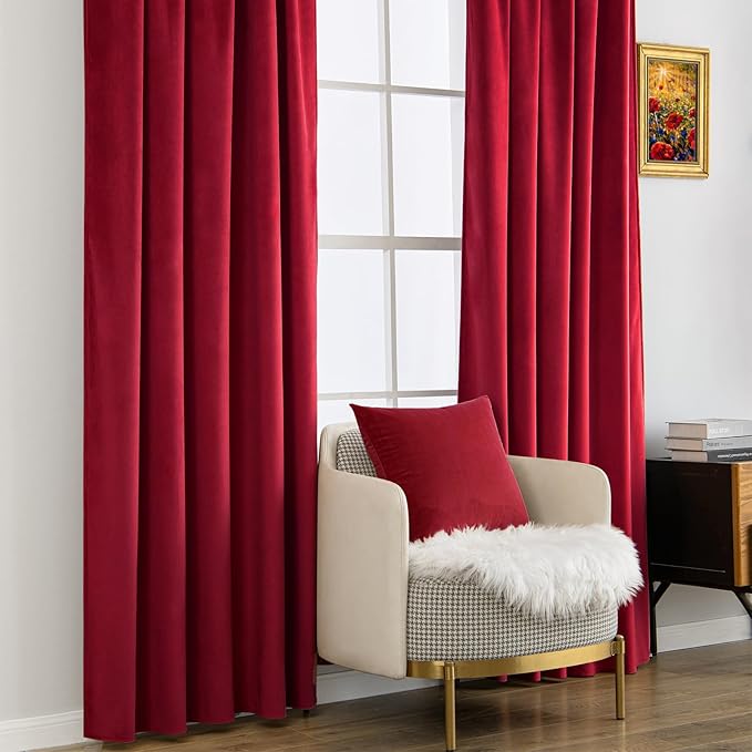 MIULEE Velvet Curtains 96 inches - Luxury Blackout Curtains for Bedroom Living Room Thermal Insulated Super Soft Window Drapes Rod Pocket & Back Tab Christmas Decor, Red, W52 x L96 inch, 2 Panels