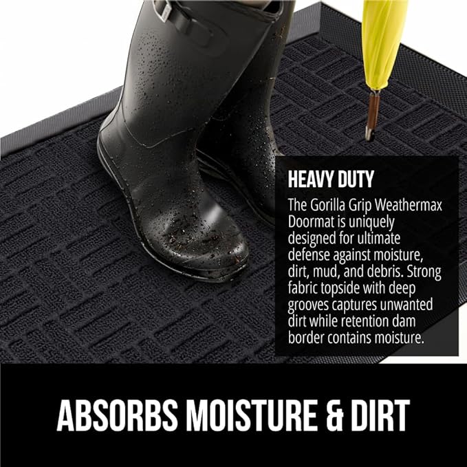 GORILLA GRIP 100% Waterproof All-Season WeatherMAX Doormat, 47x35, US Designed Natural Rubber, Stain and Fade Resistant, Low Profile Indoor Outdoor Door Mats, Easy Clean Patio Mat, Black Maze