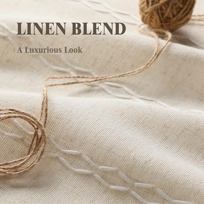Boho Light Filtering Curtains 63 Inches Long Beige Linen Blend 2 Panels with Tassels and Cotton Embroidery, Farmhouse Vintage Rustic Rod Pocket Drapes for Living Room or Bedroom
