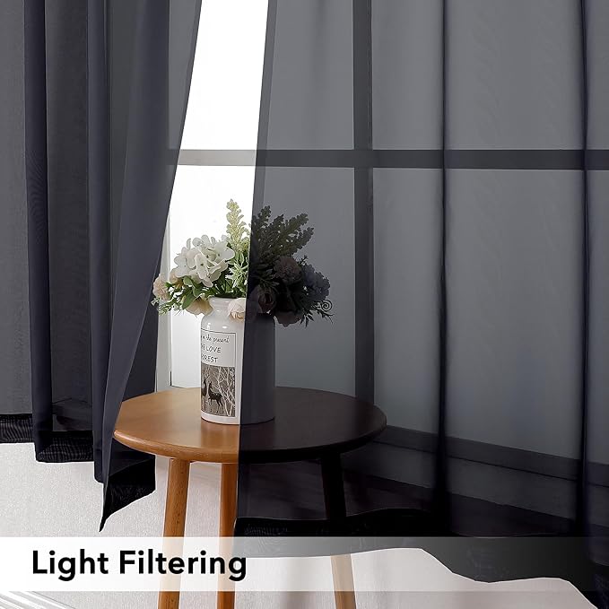 Simplebrand Black Sheer Kitchen Cafe Curtains - 36X36 Inch, 2 Paneled Tier Curtain Rod Pocket Sheers for Bathrooms, Small Windows